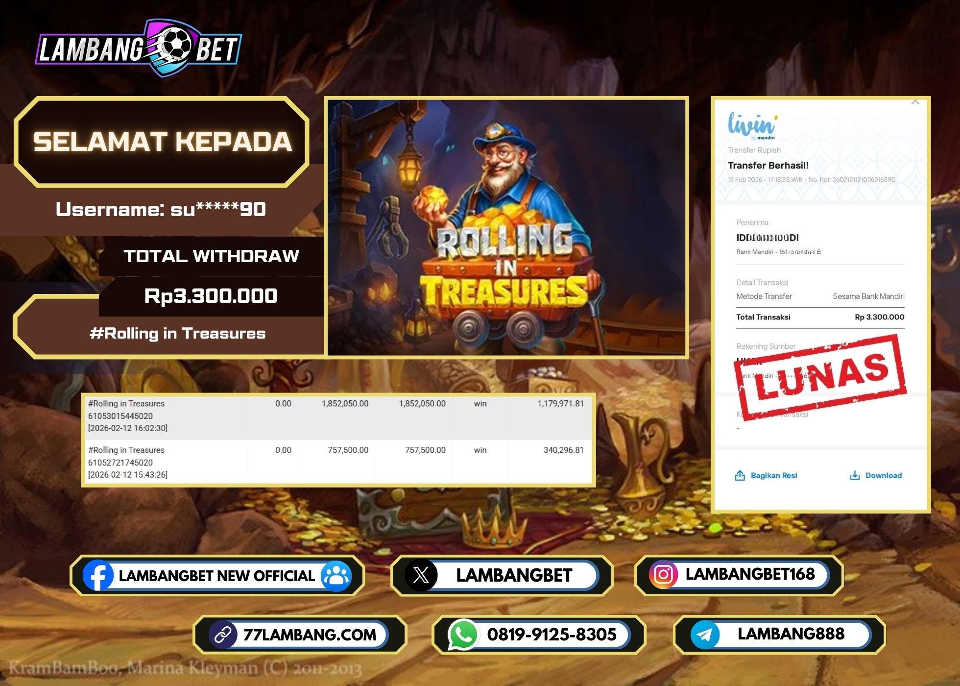 LAMBANGBET [12 FEBRUARI 2026] JACKPOT SLOT Rolling in Treasures "Rp3.300.000" LUNAS